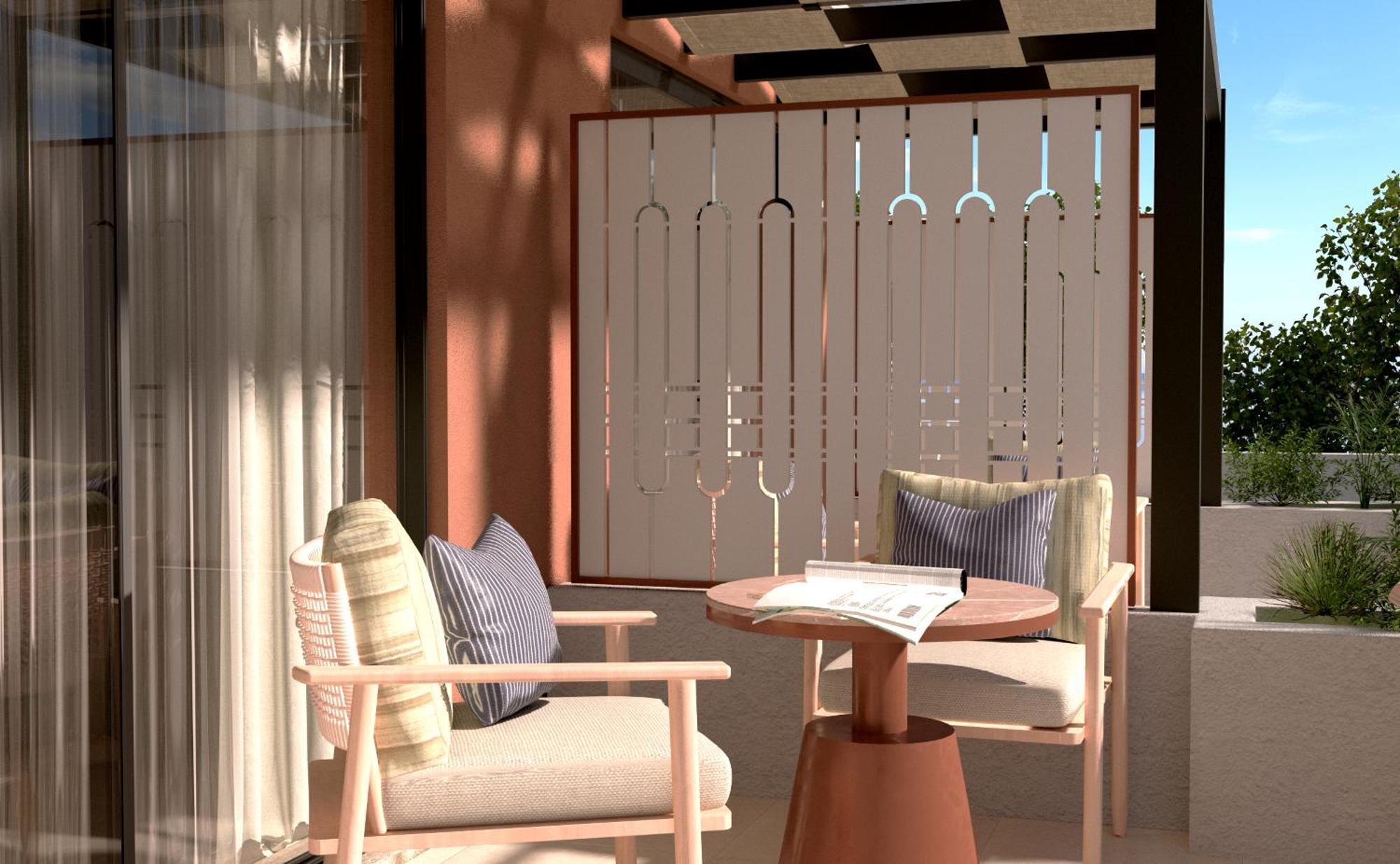 Sentido Apollo Palace Mesongí Buitenkant foto A 3D rendering of a balcony
